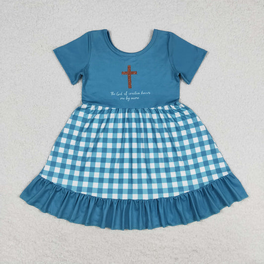 RTS NO MOQ（In Stock) Cross letter plaid teal lace short-sleeved dress