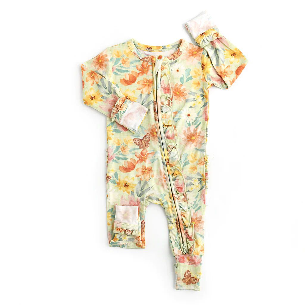 LR0879 Flower Butterfly Yellow Green Lace Zipper Long Sleeve Jumpsuit