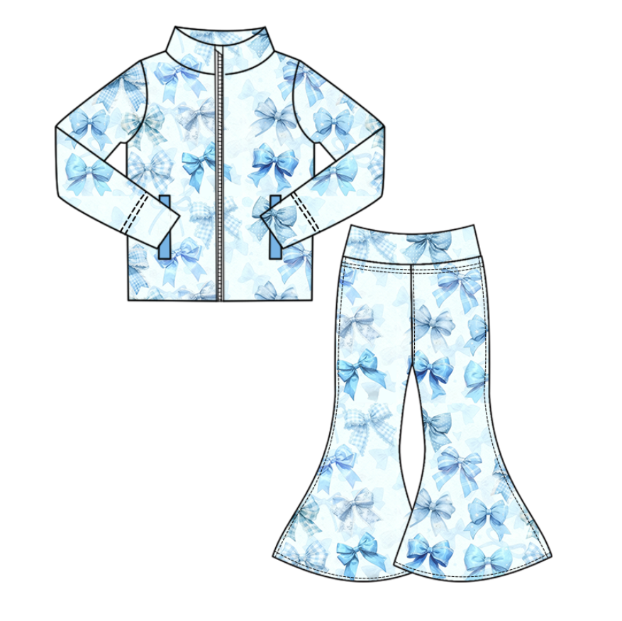 Custom moq 5 mix size eta 6-8weeks milk silk baby girl clothes bow blue long sleeve pants set 2 and dress