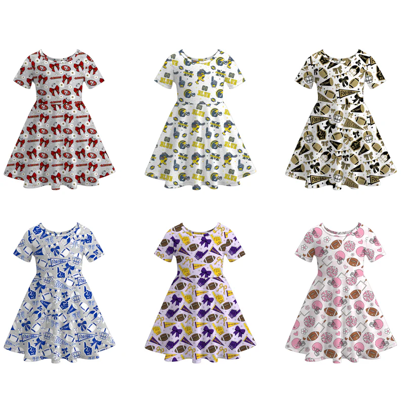 Custom moq 5 each style eta 6-7weeks milk silk baby girls team summer short sleeves dresses 6-25.7.16