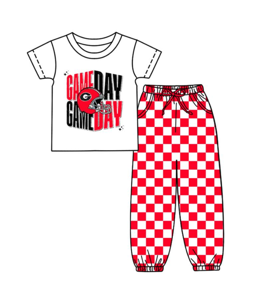 Custom summer teams baby boy clothes team GAME DAY red plaid short sleeve pants sets-25.8.22