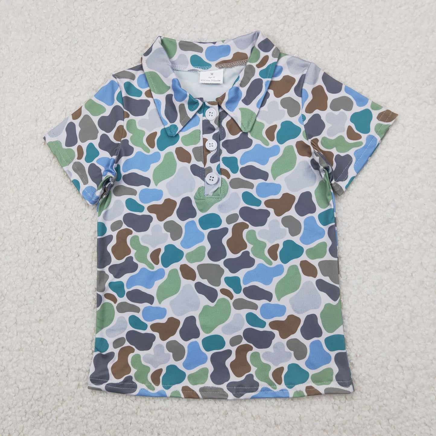 RTS NO MOQ（In Stock) Blue green camouflage collar button beige short sleeve top