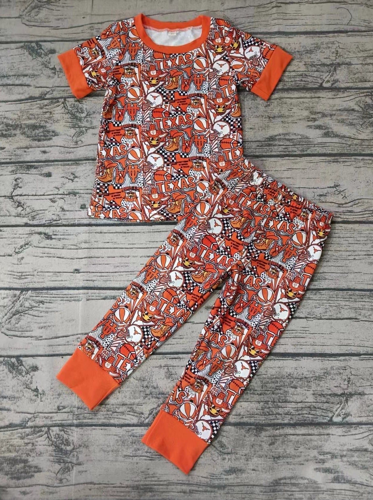 custom moq 5 eta 5weeks mix size baby boys clothes TEXAS orange short sleeve pants Suit