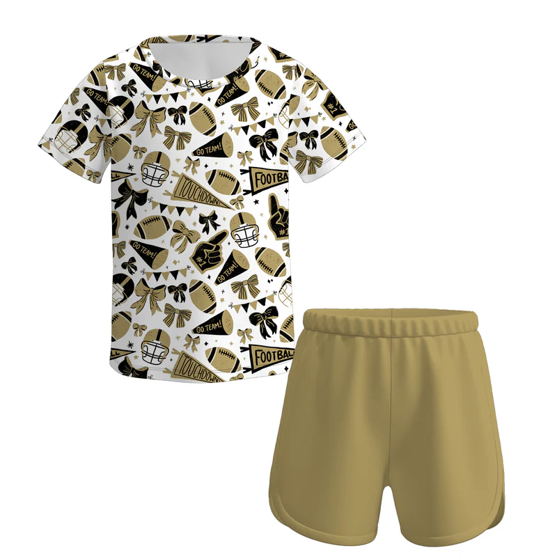 Custom moq 5 each style eta 6-7weeks baby boy and girl clothes team bow short sleeve shorts suits
