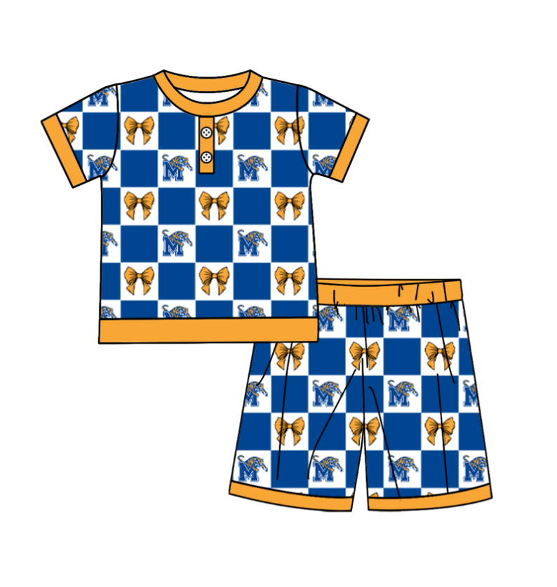 Custom moq 5 mix size milk silk summer teams baby boys clothes bow blue short sleeve shorts sets