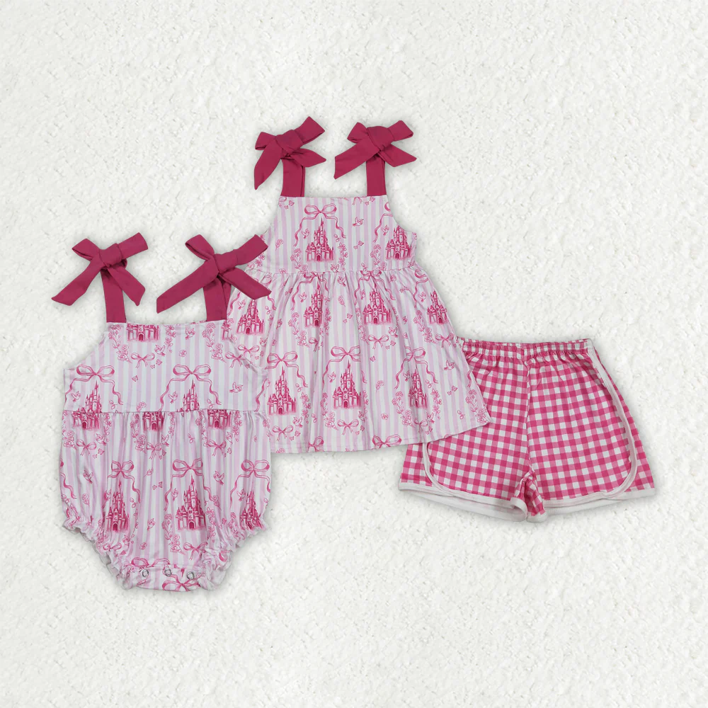 RTS NO MOQ Sibling Baby girls clothes casle pink suspender shorts suit & rompers