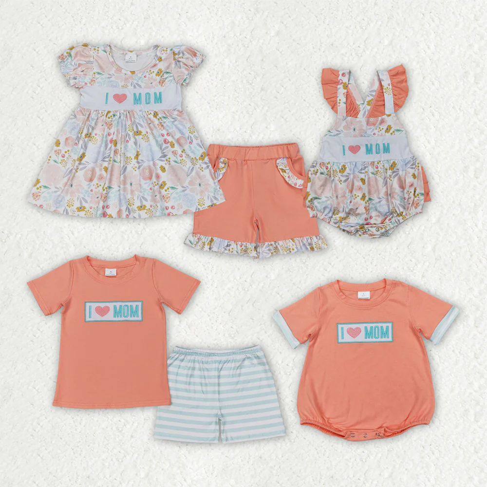RTS NO MOQ baby girls clothes embroidery i love mom short sleeve Rompers Clothes Sets