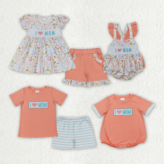 RTS NO MOQ baby girls clothes embroidery i love mom short sleeve Rompers Clothes Sets