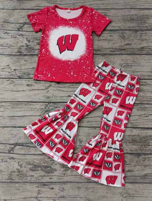 Custom moq 3 eta 6-7weeks Red Letter W Polka Dot Short Sleeve Top-Plaid Flared Pants Set