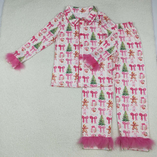 RTS NO MOQ（In Stock) GLP2717 Adult women's long-sleeved, long-pants pajama set with a gingerbread man Christmas tree bow pattern and pink fur trim