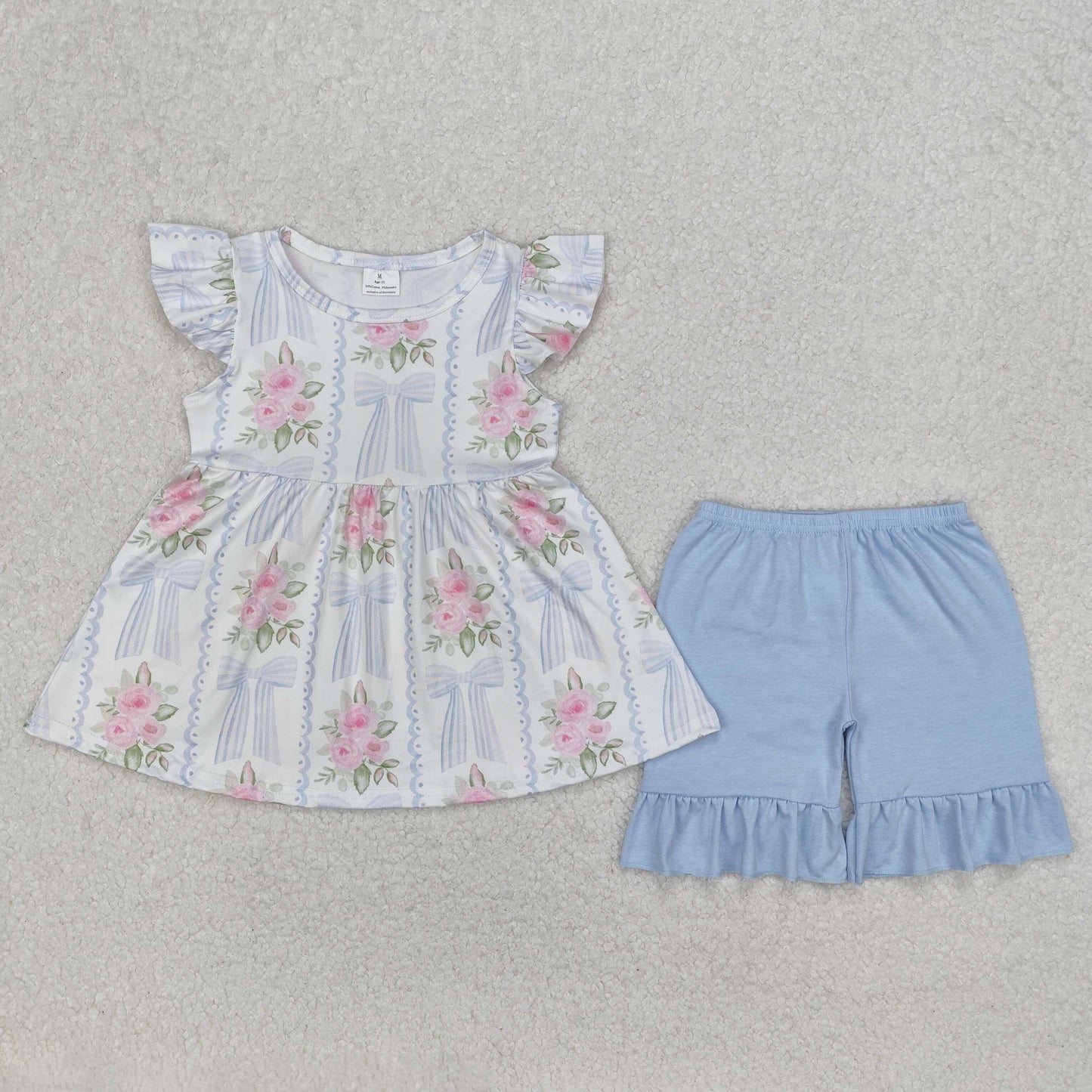 RTS NO MOQ ETA 5/7days Arrived GSSO2052 flower leaves blue striped bow pattern white flying sleeve shorts set