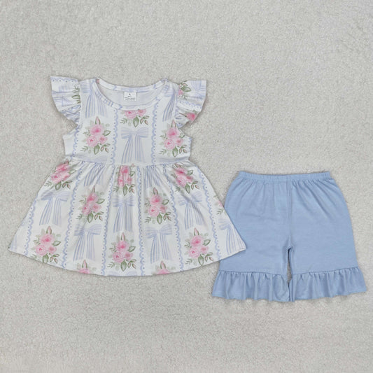 RTS NO MOQ ETA 5/7days Arrived GSSO2052 flower leaves blue striped bow pattern white flying sleeve shorts set