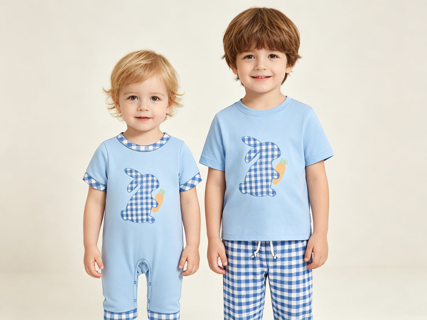 (Preorder new) No moq Baby Boys Easter Gingham Bunny Carrot Short Sleeve Tee Jogger Pant Set Rompers