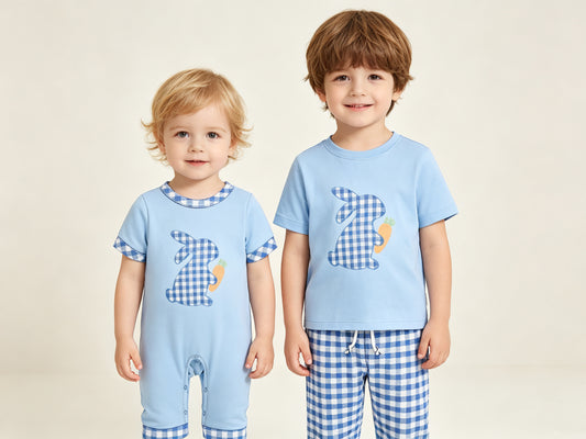 (Preorder new) No moq Baby Boys Easter Gingham Bunny Carrot Short Sleeve Tee Jogger Pant Set Rompers