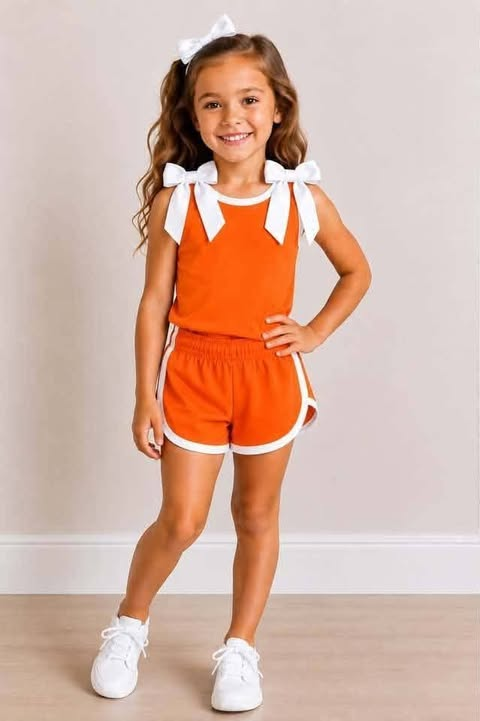 custom moq 5 mix size Baby Girls Orange White Trim Bow Strap Sleeveless Tank Top And Shorts Two Piece Summer Outfit Set