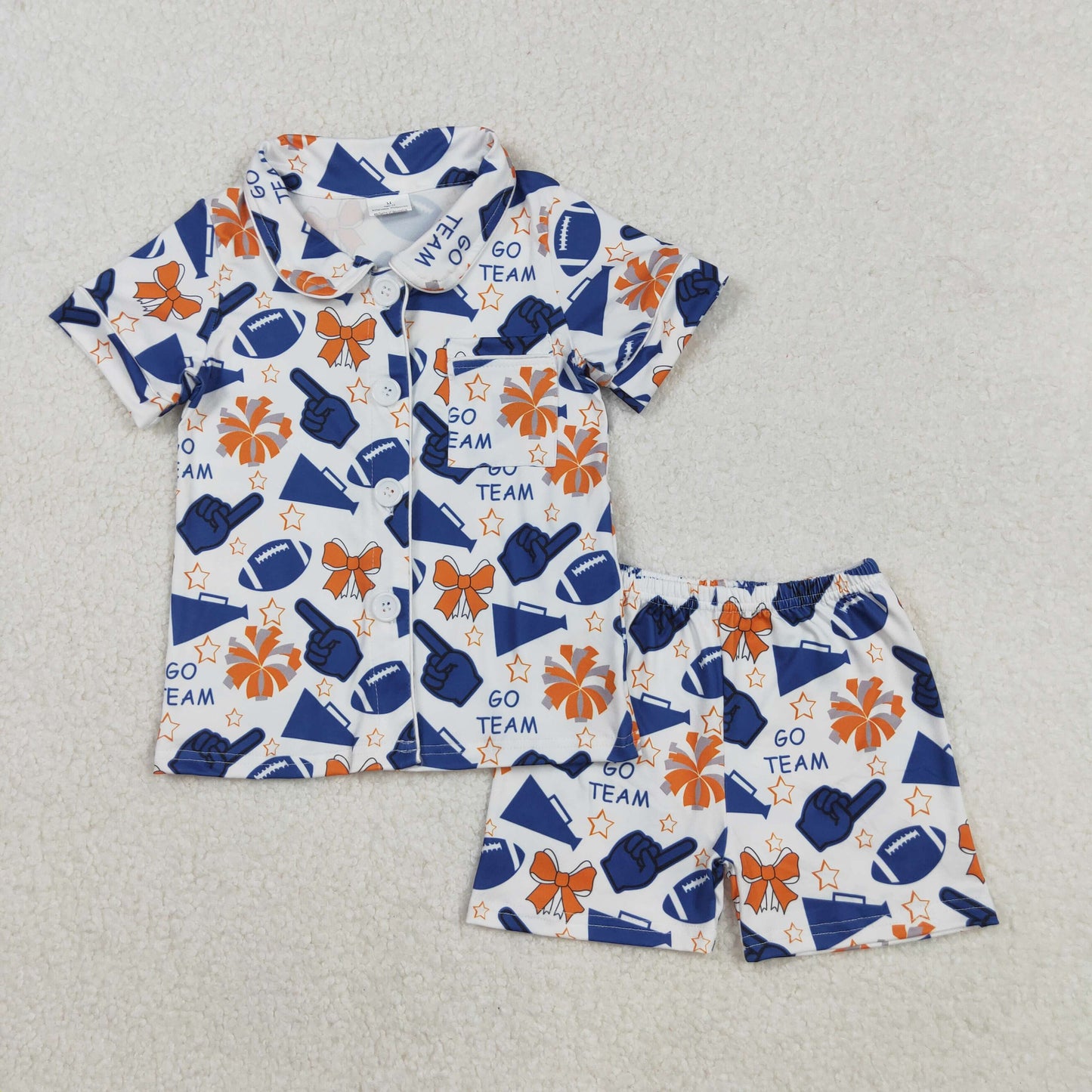 RTS NO MOQ（In Stock) GSSO2675 Go Team blue hand signal trumpet star and bow pattern short-sleeved shorts pajama set
