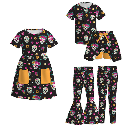 Custom moq 5 each style eta 6-7weeks baby girl short sleeve shorts set and dress and adult pants