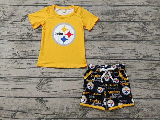 Custom moq 3 eta 6-7weeks  Four-pointed star yellow short-sleeved shirt and black letter drawstring shorts set