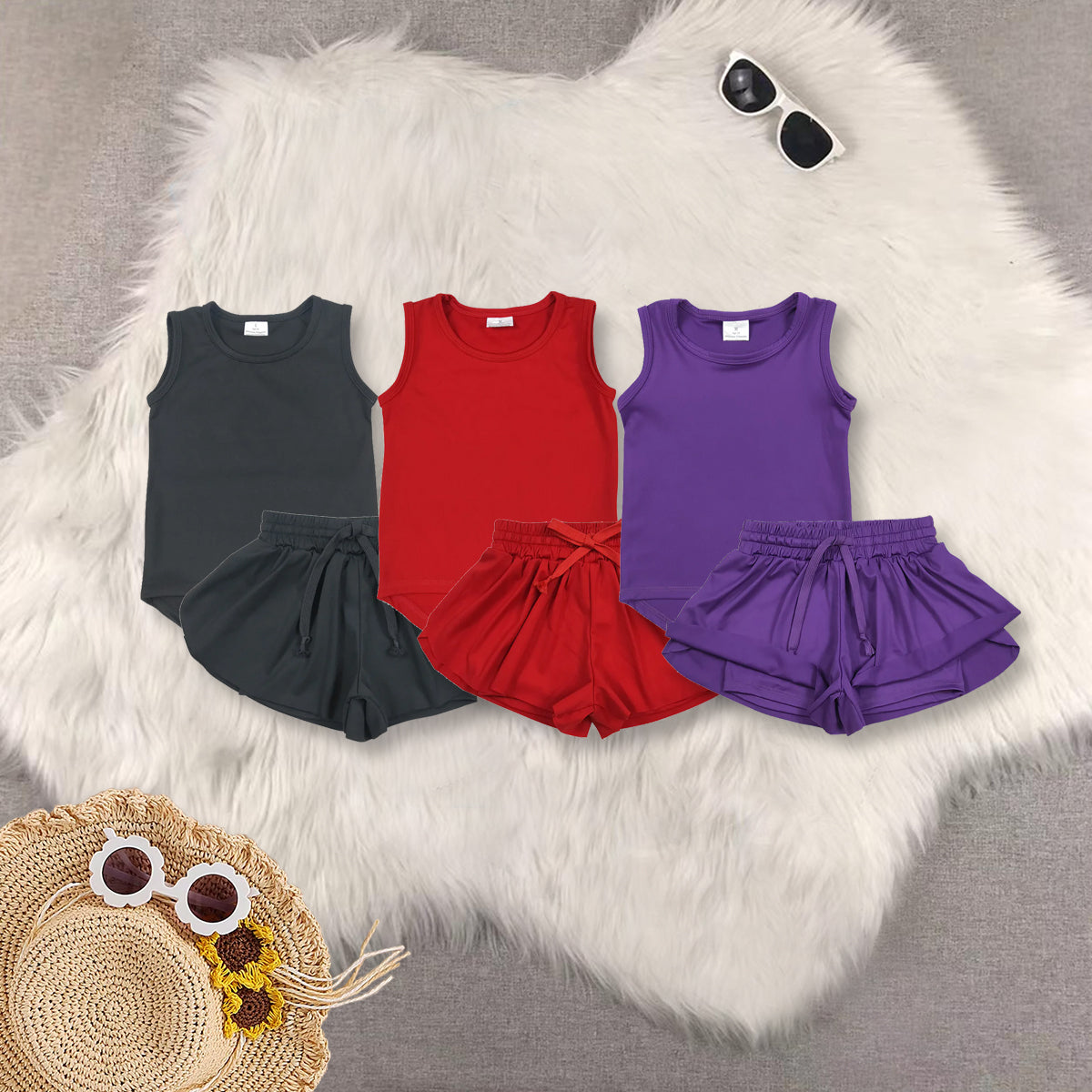 RTS NO MOQ Girls clothes yoga solid color short sleeve Clothes Sets