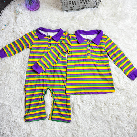 RTS NO MOQ Sibling Baby boy clothes mardi gras striped long-sleeved rompers and top