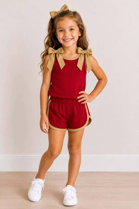 custom moq 5 mix size Baby Girls Red khaki Trim Bow Strap Sleeveless Tank Top And Shorts Two Piece Summer Outfit Set