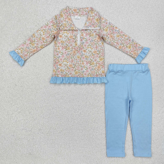 RTS NO MOQ ETA 5/7days Arrived GT0722+P0209 Pink Yellow Flower Blue Lace Zipper Long Sleeve Top Light Blue Pants sets