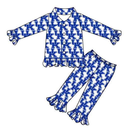 Custom moq 5 tat about 6-8 weeks team baby girls clothes uk blue long sleeve pants pajamas sets