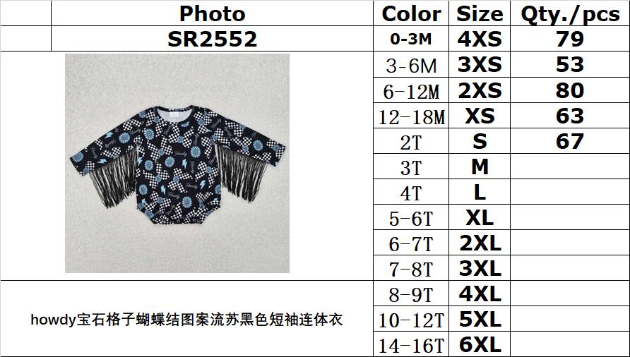 RTS NO MOQ ETA 5/7days arrived SR2552 howdy gemstone lattice bow pattern tassel black short-sleeved jumpsuit