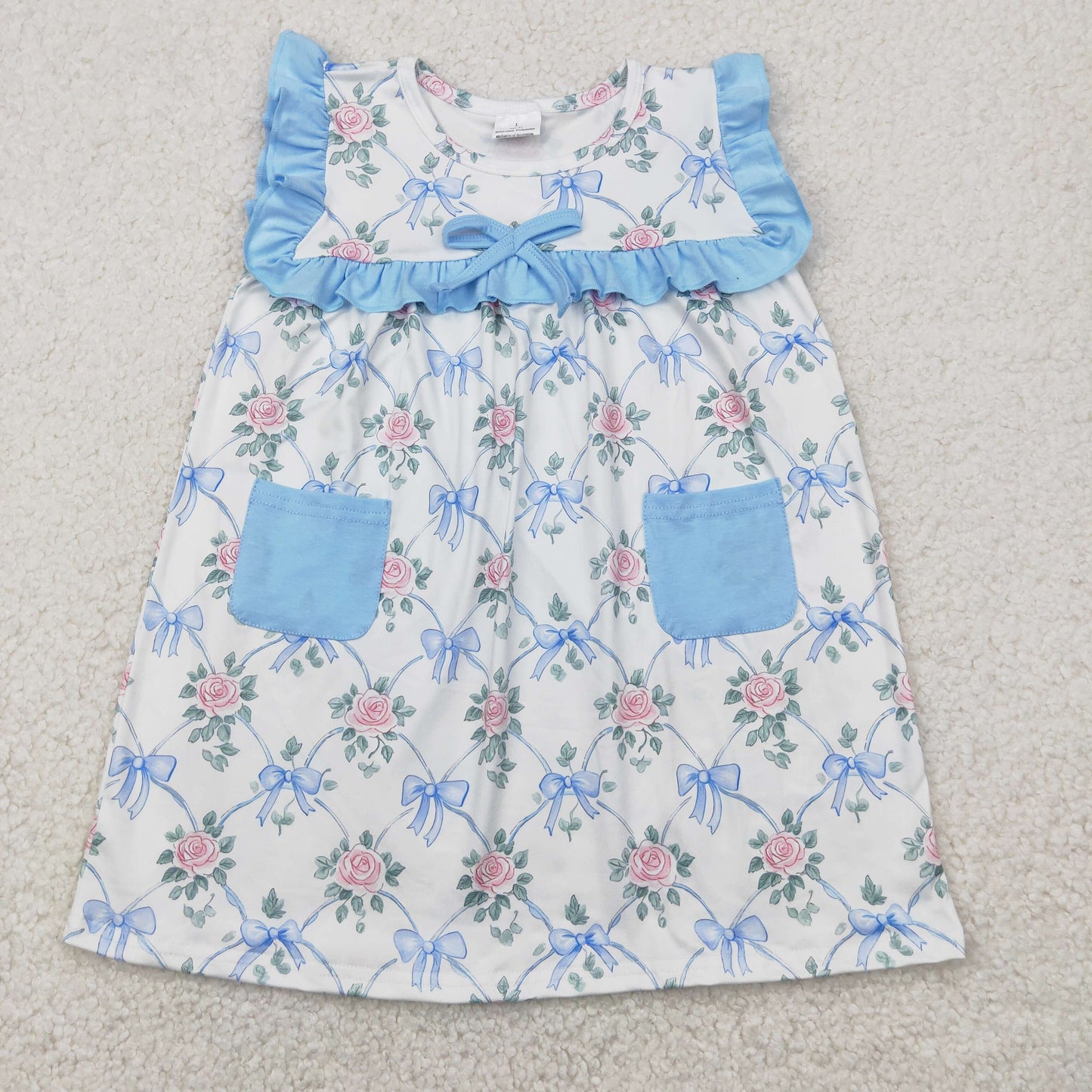 RTS NO MOQ GSD2230 flowers and leaves blue bow pattern pocket white sleeveless dress