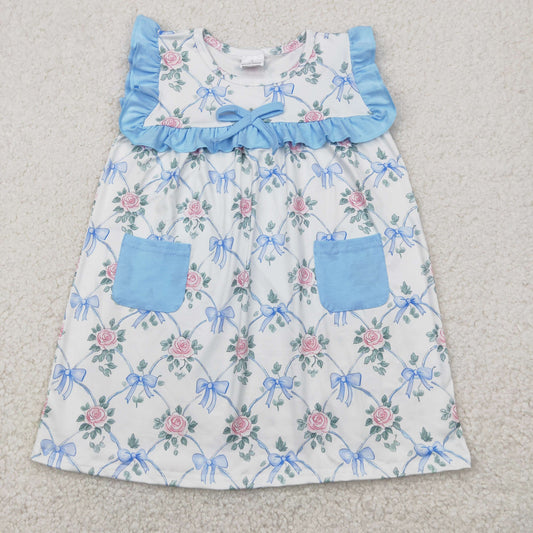 RTS NO MOQ GSD2230 flowers and leaves blue bow pattern pocket white sleeveless dress