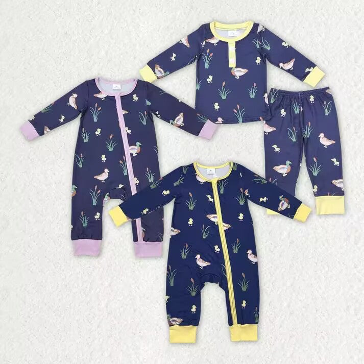RTS NO MOQ  Duck and Waterweed Pattern Navy Blue Long Sleeve Suit & Crawling Suit
