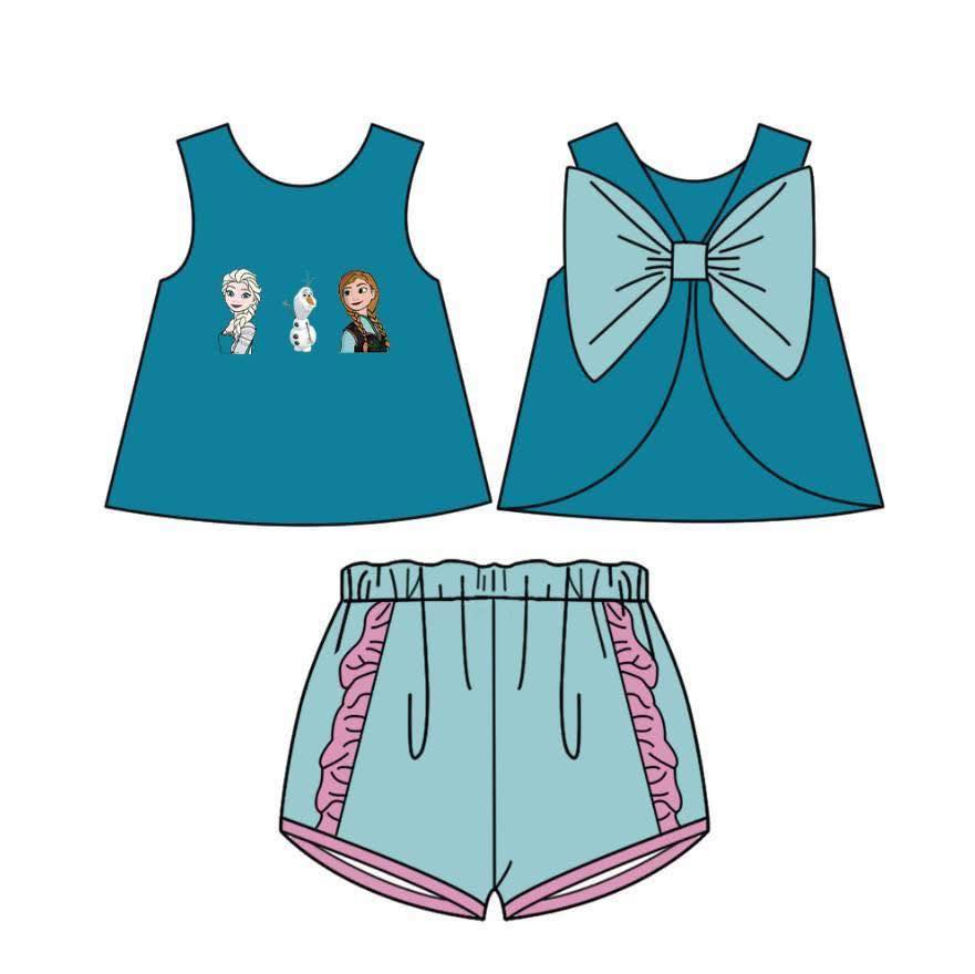 Custom moq 5 mix size milk silk Cute light blue short-sleeved shirt and shorts set for girls