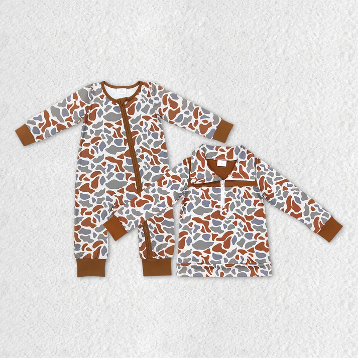 RTS NO MOQ Brown Leopard Print Long Sleeve Zipper Pullover & Long Zipper Romper