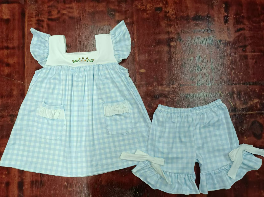 Custom moq 3 eta 6-7weeks  Sky Blue Plaid Pocket Pleated Shoulder Design Suspender Shorts Set