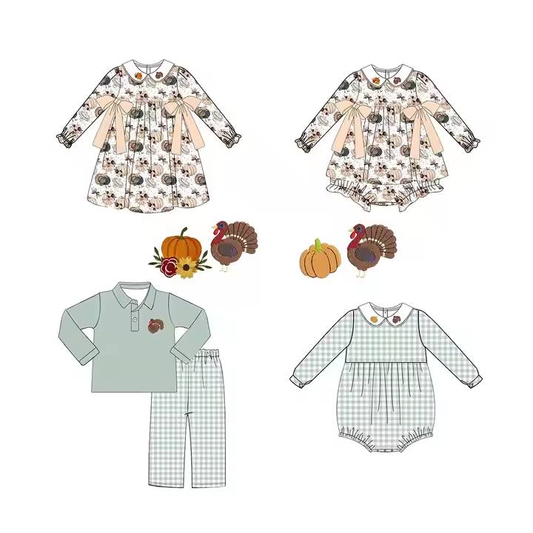 Custom moq 5 each style eta 6-7weeks baby girl clothes pumpkin turkey long sleeve pants set 2 and romper 2 and dress-25.7.25