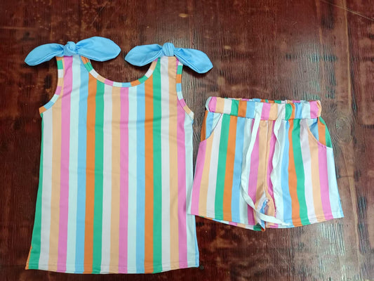 Custom moq 3 eta 6-7weeks baby girls clothes colorful striped suspender shorts sets