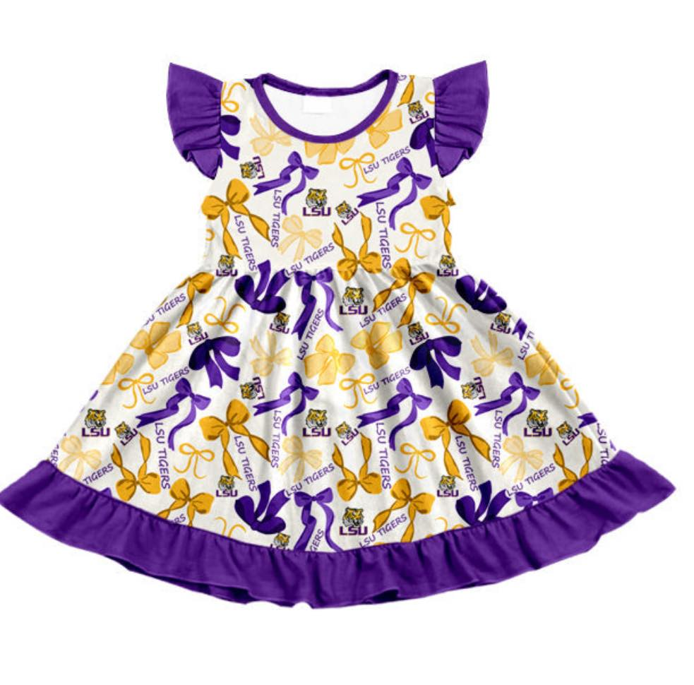 Custom moq 5 mix sizes summer teams baby girls clothes team bow purple flying sleeve dress-25.6.14