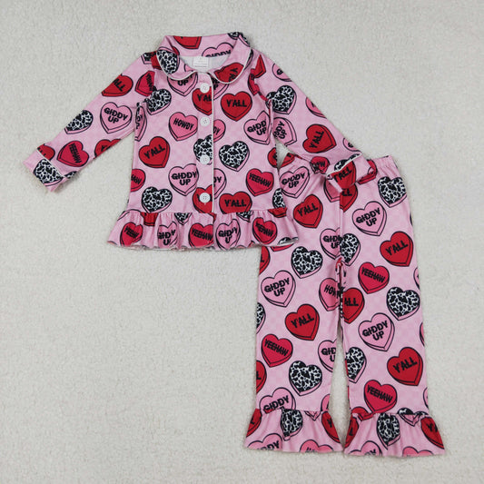12/18M-7/8T RTS NO MOQ（In Stock) GLP2843 Valentine Letter Love Pink Plaid Button Long Sleeve Trouser Pajama Set