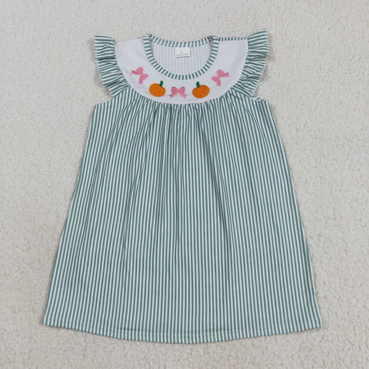 RTS NO MOQ（In Stock）GSD2746 Embroidered butterfly pattern pumpkin green striped dress with flying sleeves