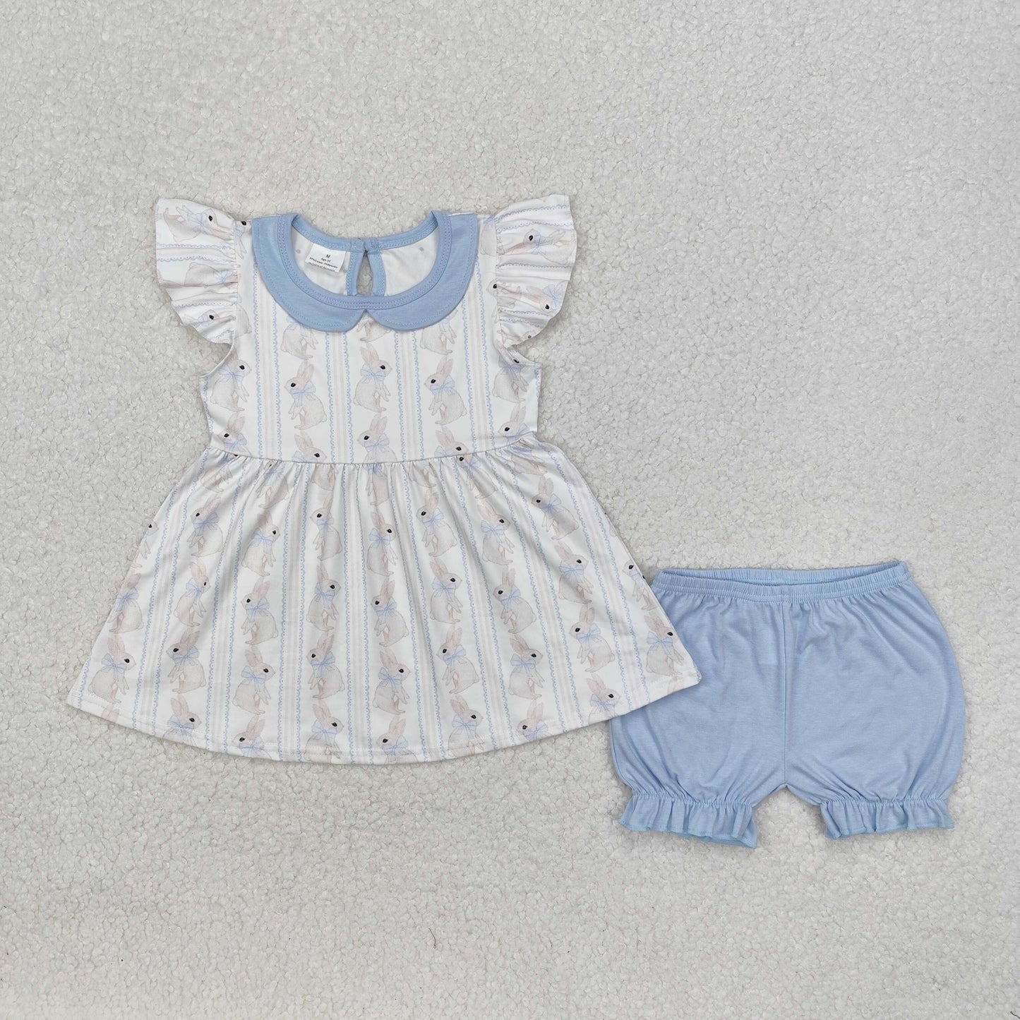 RTS NO MOQ ETA 5/7days Arrived GSSO1525 Easter bunny bow pattern blue doll collar white flying sleeve shorts set