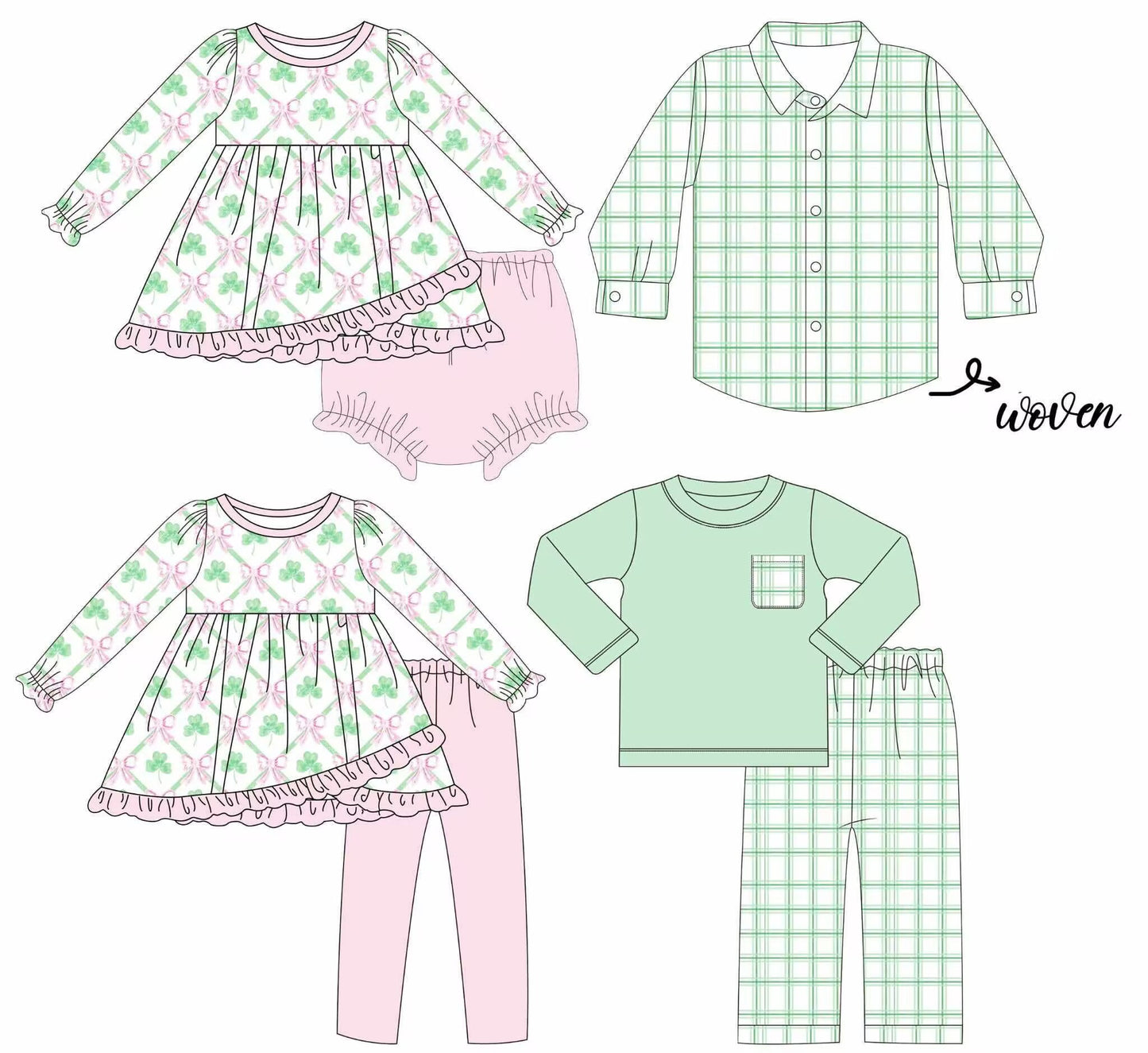 Custom moq 5 each style eta 6-7weeks baby girl clothes four leaf long sleeve pants set 2 and briefs sets and top-25.8.14
