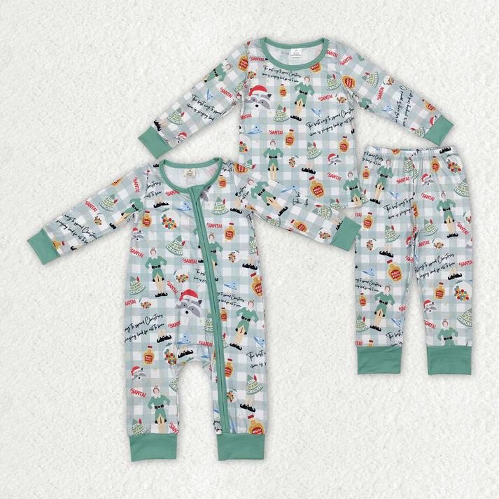 RTS NO MOQ Akimbo Girls-Wolf Dog Pattern Green Plaid Long Zipper Climbing Suit & Long Sleeve Set