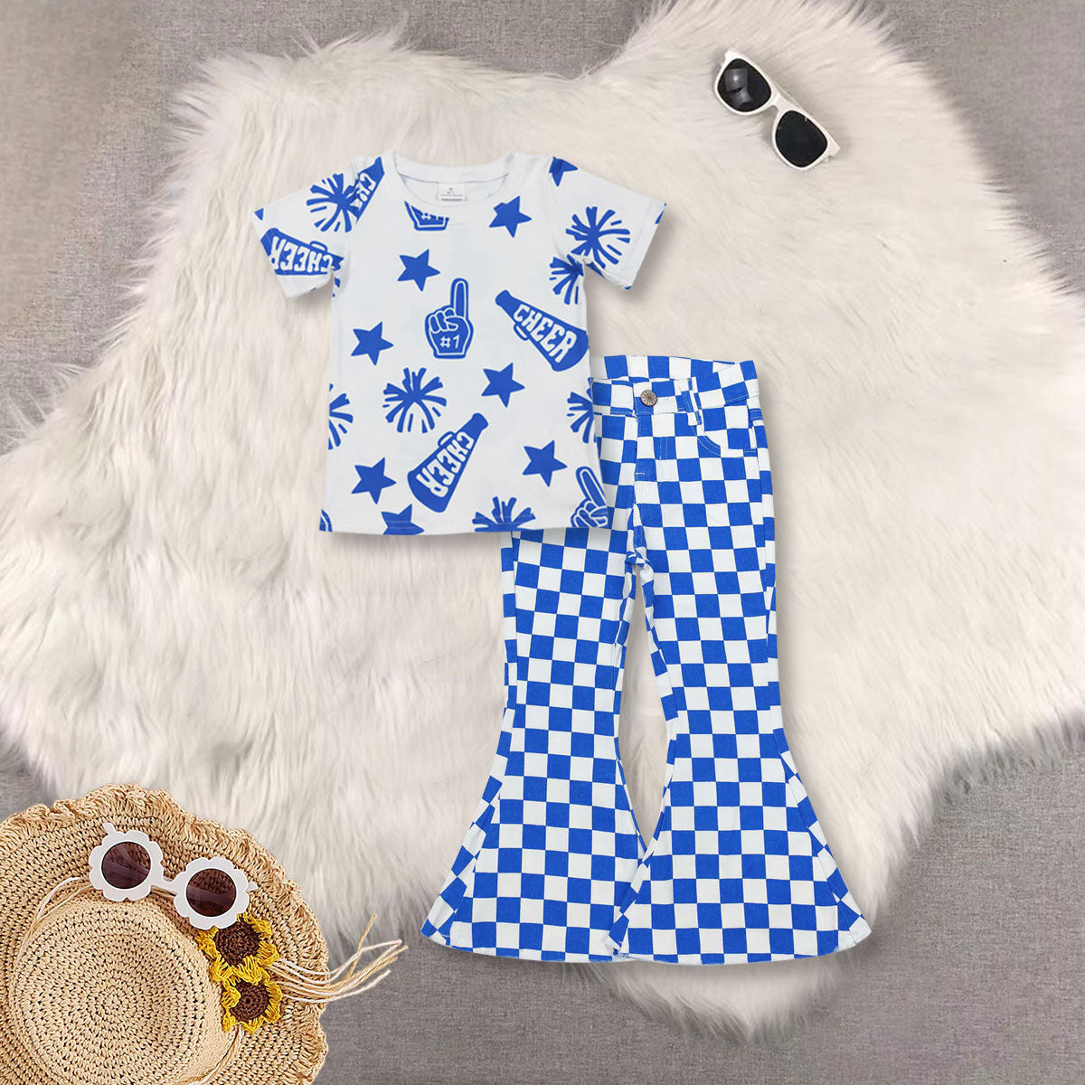 RTS NO MOQ Sibling baby girl clothes cheer short-sleeved top and jeand pants