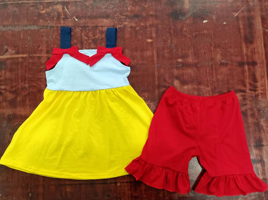 custom moq 5 eta 5weeks summer team baby girls clothes yellow suspender red shorts set