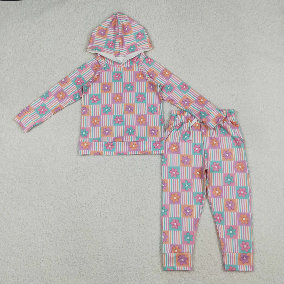RTS NO MOQ Sibling Baby girls Clothes floral bow hooded long-sleeved pants sets