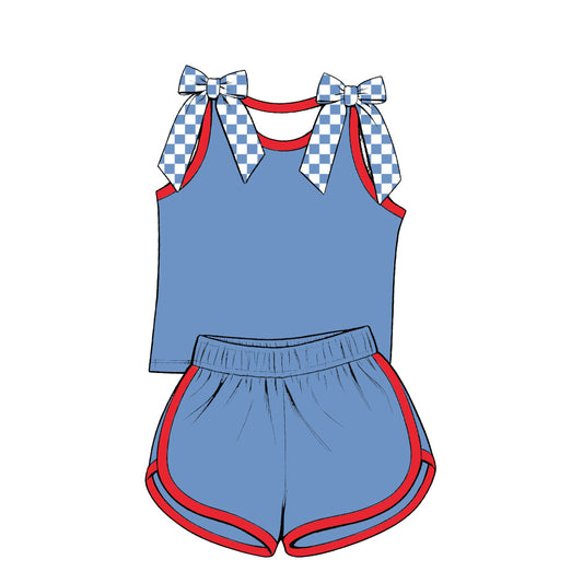 custom moq 5 mix size Baby Girls Checked Bow Sleeveless Light Blue Top Shorts Summer Set