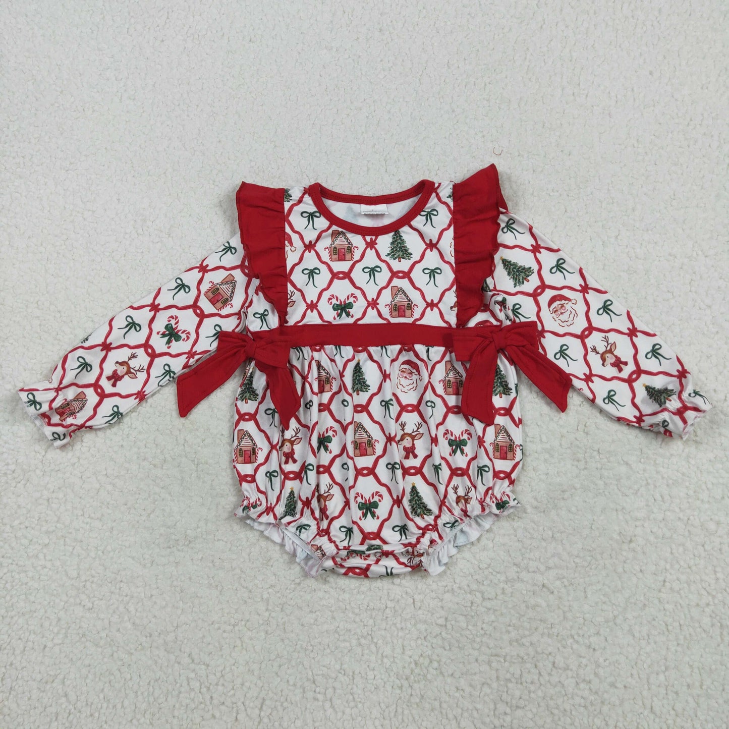 RTS NO MOQ（In Stock) LR2352 Christmas bear house bow pattern long-sleeved jumpsuit