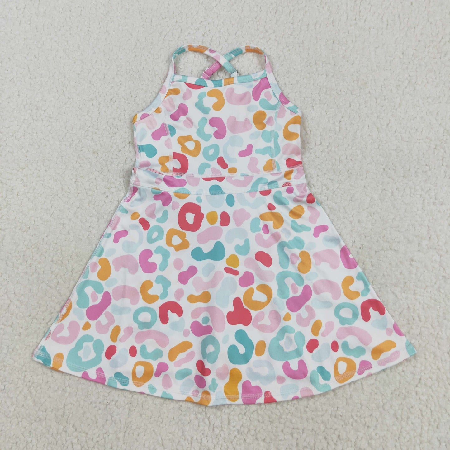 RTS NO MOQ（In Stock) GSD2645 Colorful Leopard Print White Yoga Sleeveless Dress