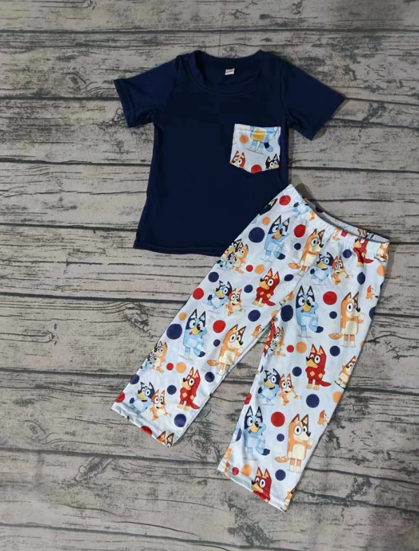 Deadline September  25 custom no moq eta 6-8weeks Black Pocket Short Sleeve-White Pointed Ear Puppy Trousers Set