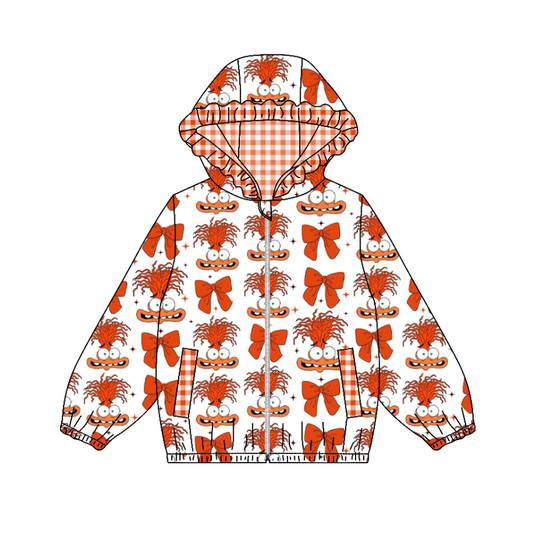 Custom moq 5 mix size milk silk summer baby girls clothes bow orange lace hooded long sleeve top-25.11.4